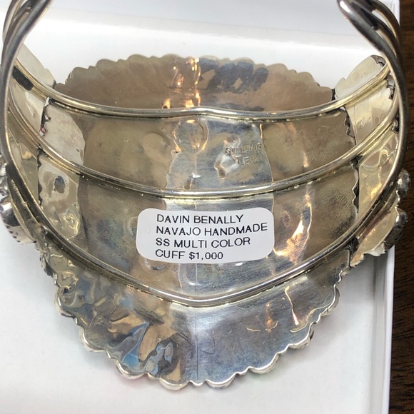 NAVAJO Handmade Native American Sterling Silver Multi Gemstone Petit Point Cuff - Picture 8 of 17